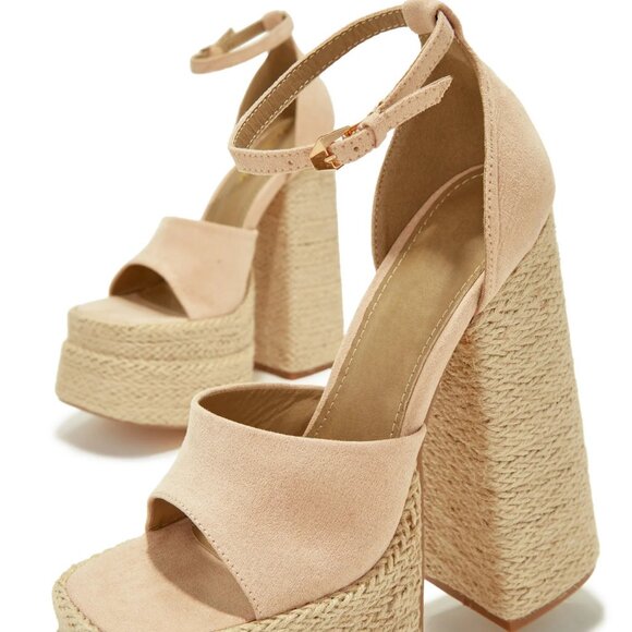 NEW🔥 Natural Nude Ankle Strap Raffia Espadrille Sandal Platform Block High Heel - Picture 4 of 5